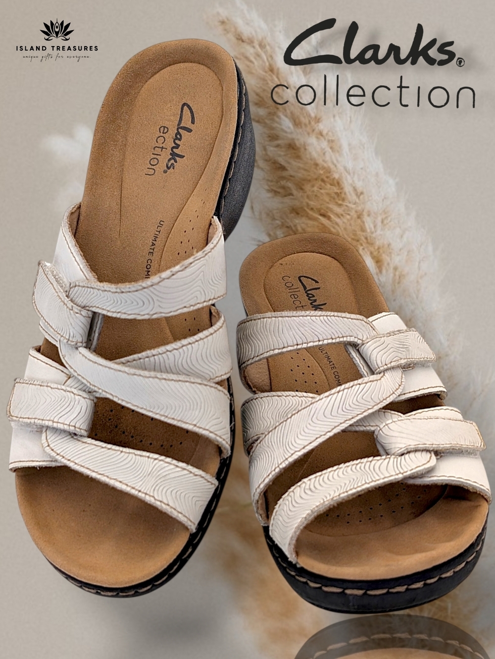 Clarks Merliah Karli Sz 7.5 White Ripple Cushioned Textured Leather Wedge Sandal